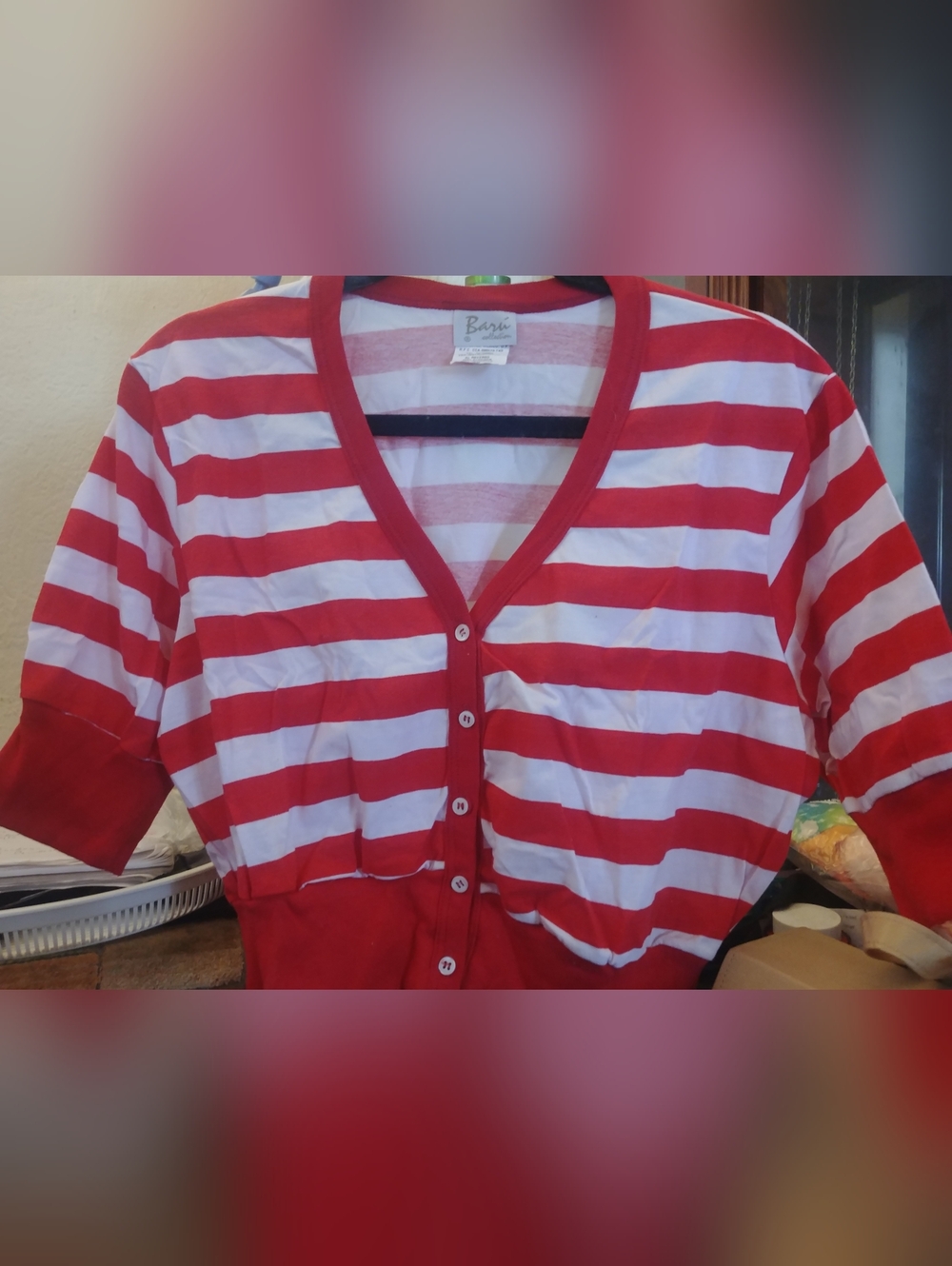 Striped Red and White Button-Up Cardigan L